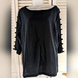 Vintage 90s Lulu-B Black 100% Cotton Linen Lattice Sleeve Tunic Lagenlook Top L